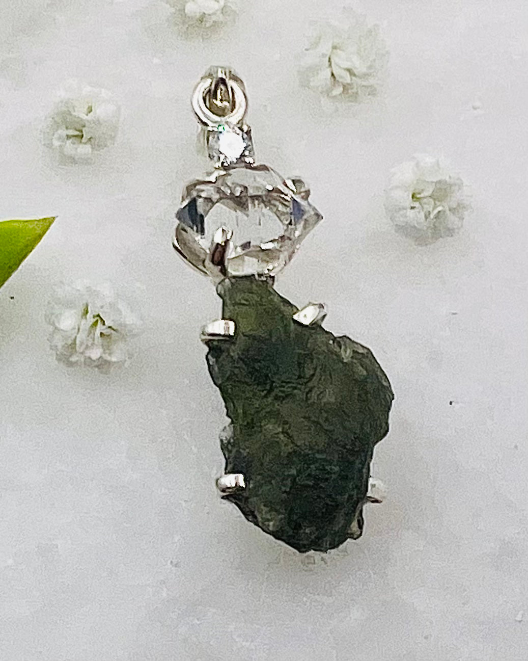 Moldavite, Herkimer, Cubic Zirconia as a Combi Pendant