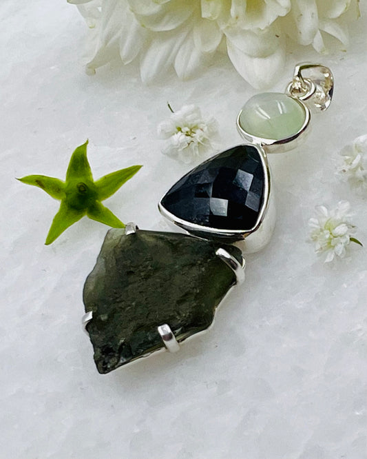 Moldavite, Green Moonstone & Top Facetted Black Turmaline as a Combi Pendant
