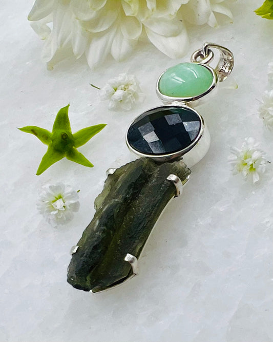 Moldavite, Green Moonstone & Top Facetted Black Turmaline as a Combi Pendant