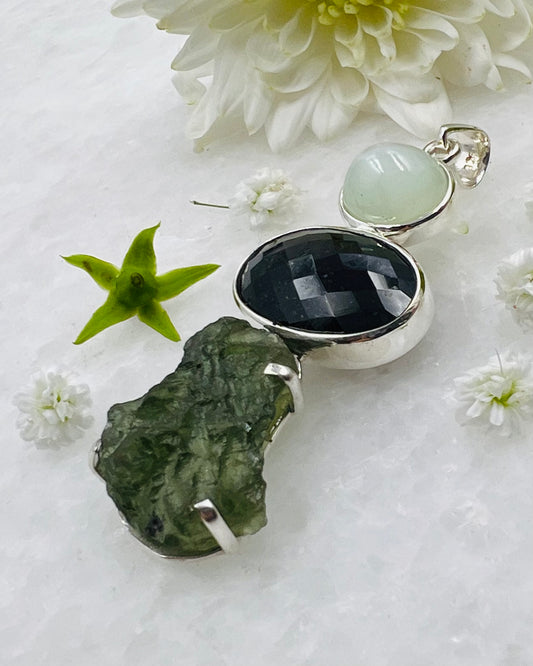 Moldavite, Green Moonstone & Top Facetted Black Turmaline as a Combi Pendant