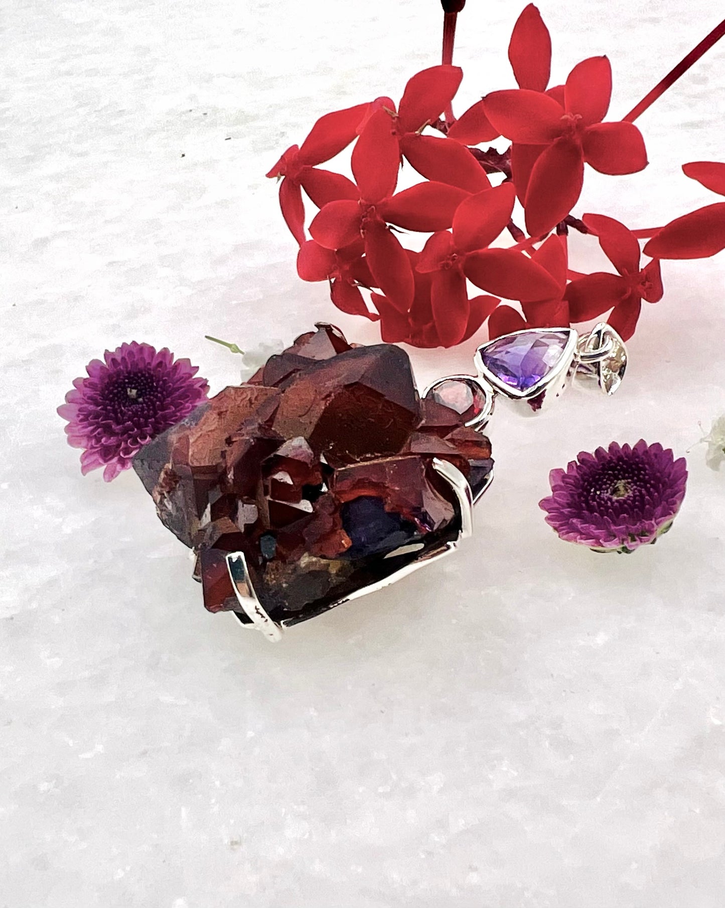 Facetted Amethyst and Garnet with Alien Amethyst as a Combi Pendant