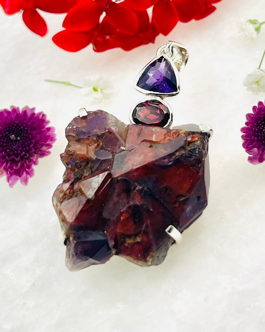 Facetted Amethyst and Garnet with Alien Amethyst as a Combi Pendant