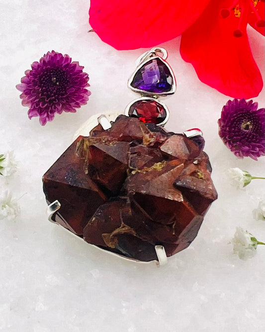 Facetted Amethyst and Garnet with Alien Amethyst as a Combi Pendant