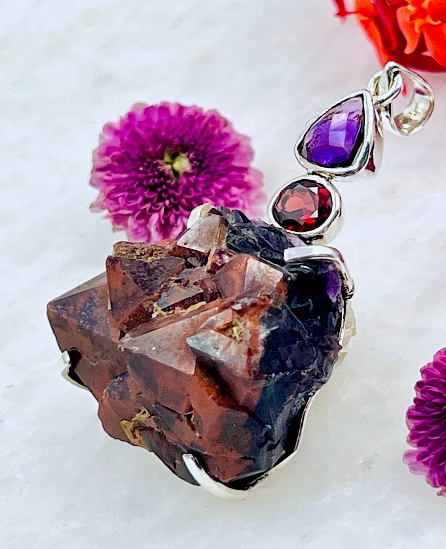 Facetted Amethyst and Garnet with Alien Amethyst as a Combi Pendant