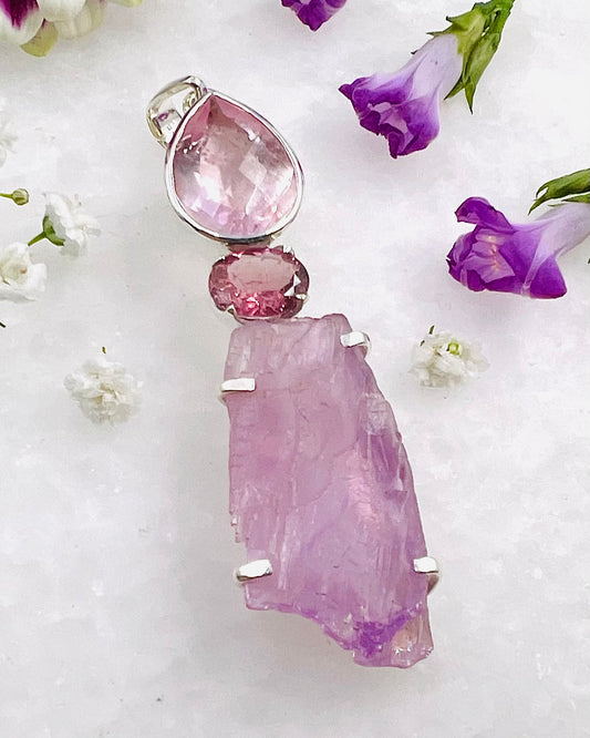 Facetted Rose Quartz & Red Turmaline with a Natural Kunzite Crystal as a Combi Pendant