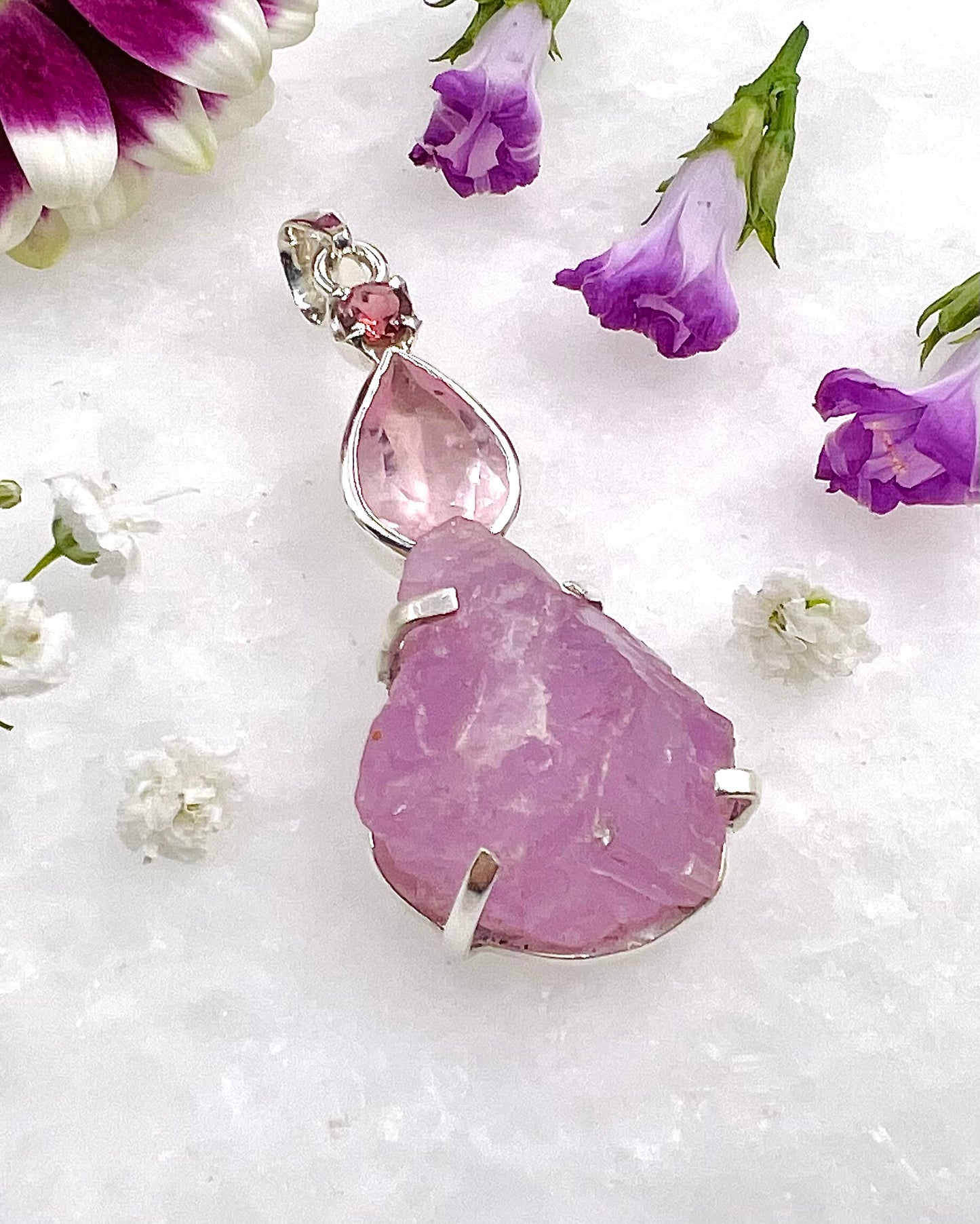 Facetted Rose Quartz & Red Turmaline with a Natural Kunzite Crystal as a Combi Pendant