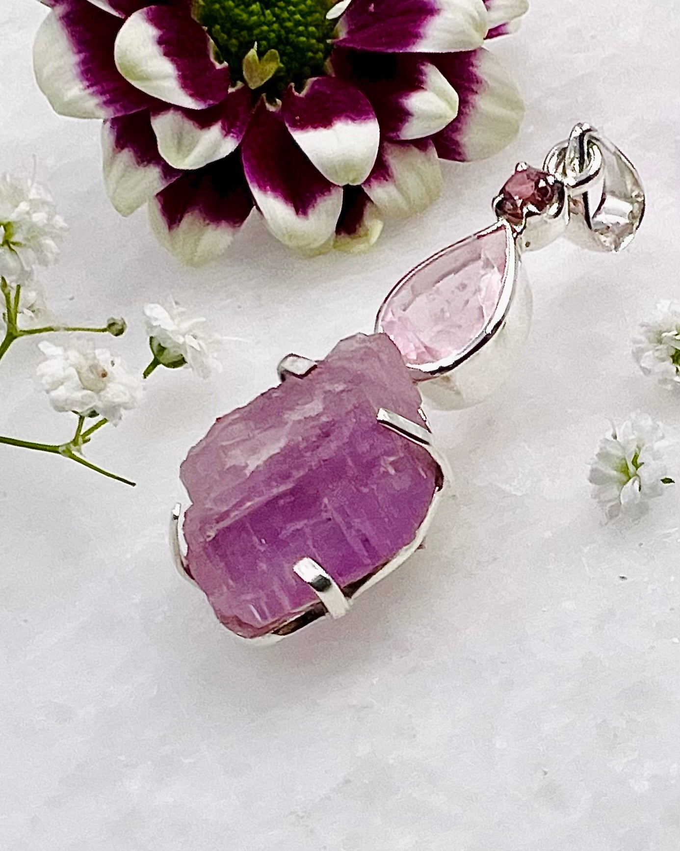 Facetted Rose Quartz & Red Turmaline with a Natural Kunzite Crystal as a Combi Pendant