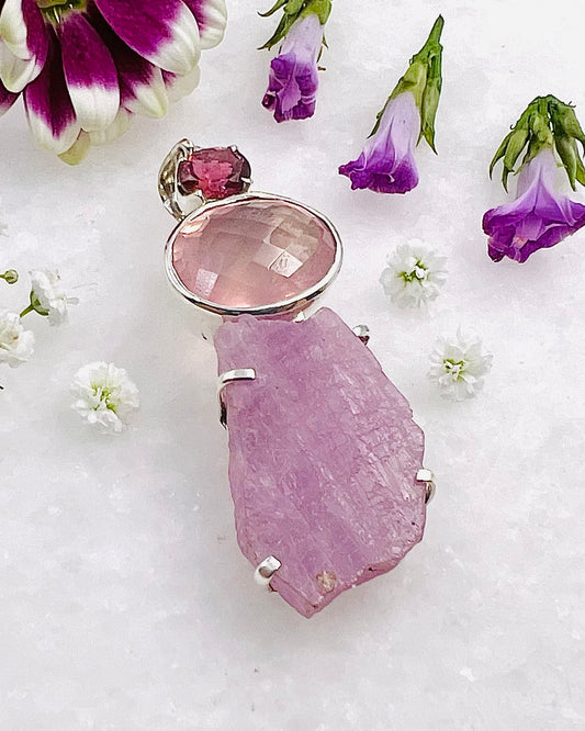 Facetted Rose Quartz & Red Turmaline with a Natural Kunzite Crystal as a Combi Pendant