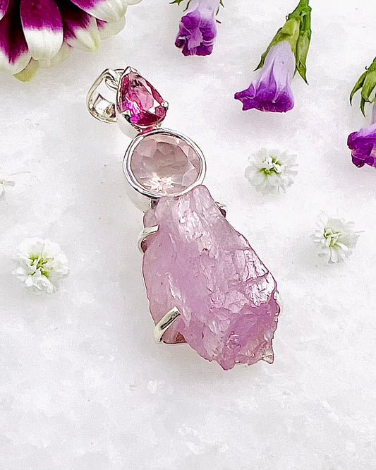Facetted Rose Quartz & Red Turmaline with a Natural Kunzite Crystal as a Combi Pendant