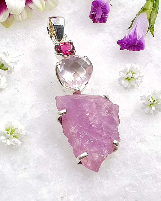 Facetted Rose Quartz & Red Turmaline with a Natural Kunzite Crystal as a Combi Pendant