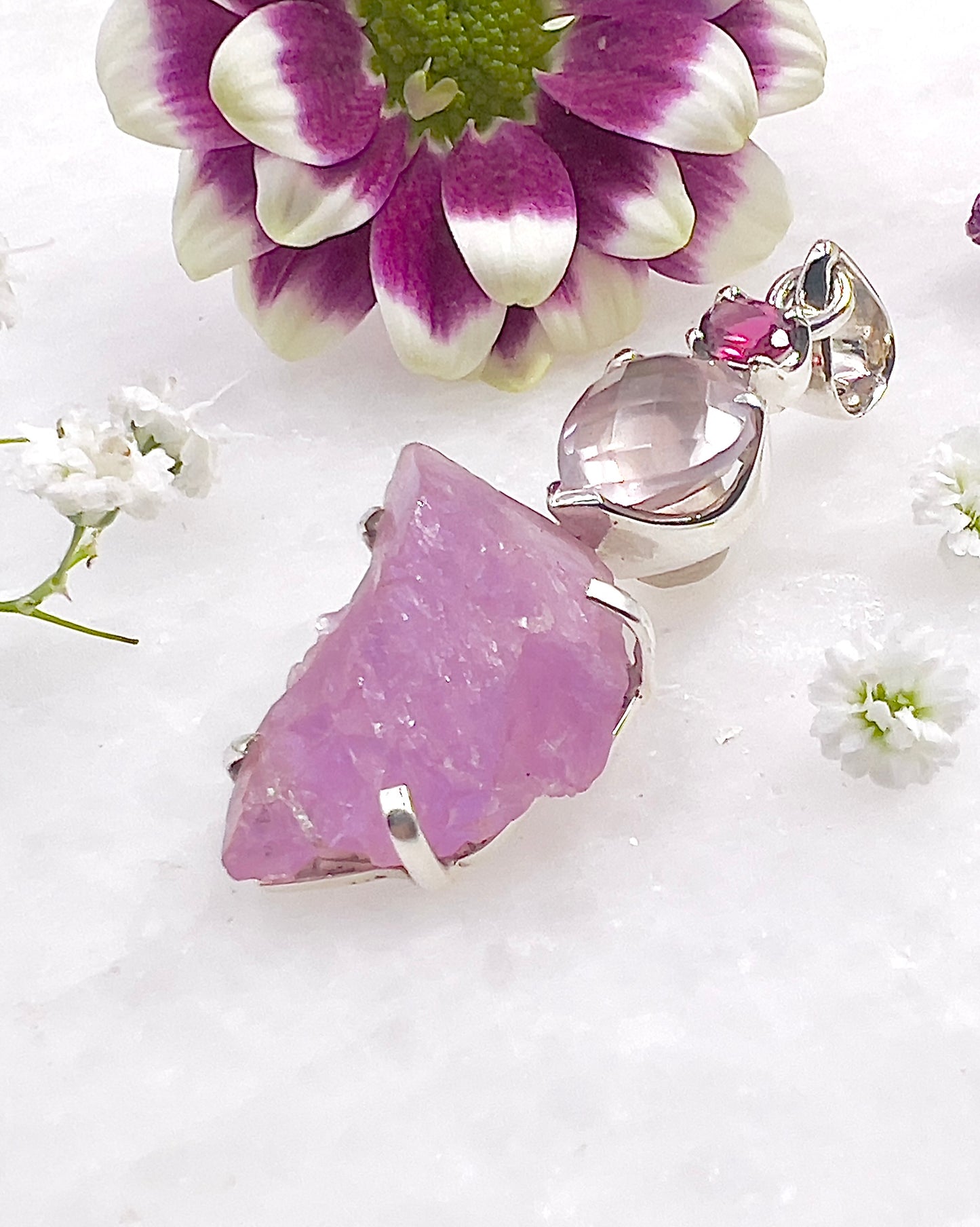 Facetted Rose Quartz & Red Turmaline with a Natural Kunzite Crystal as a Combi Pendant
