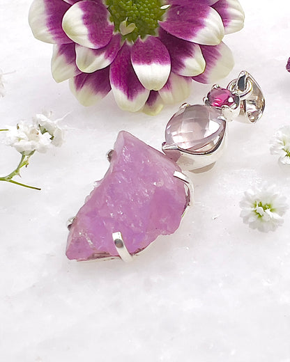 Facetted Rose Quartz & Red Turmaline with a Natural Kunzite Crystal as a Combi Pendant