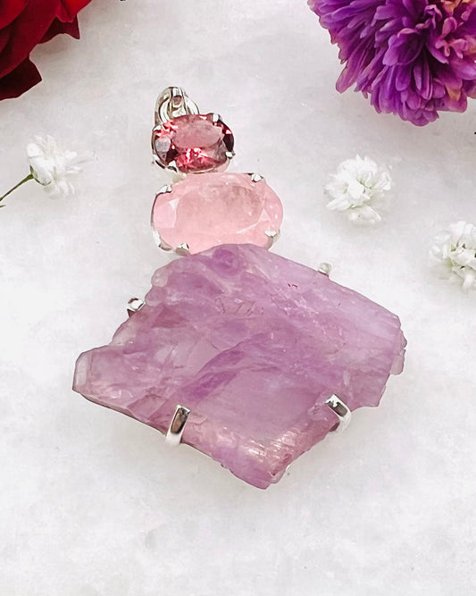 Facetted Morganite & Red Turmaline with a Natural Kunzite Crystal as a Combi Pendant