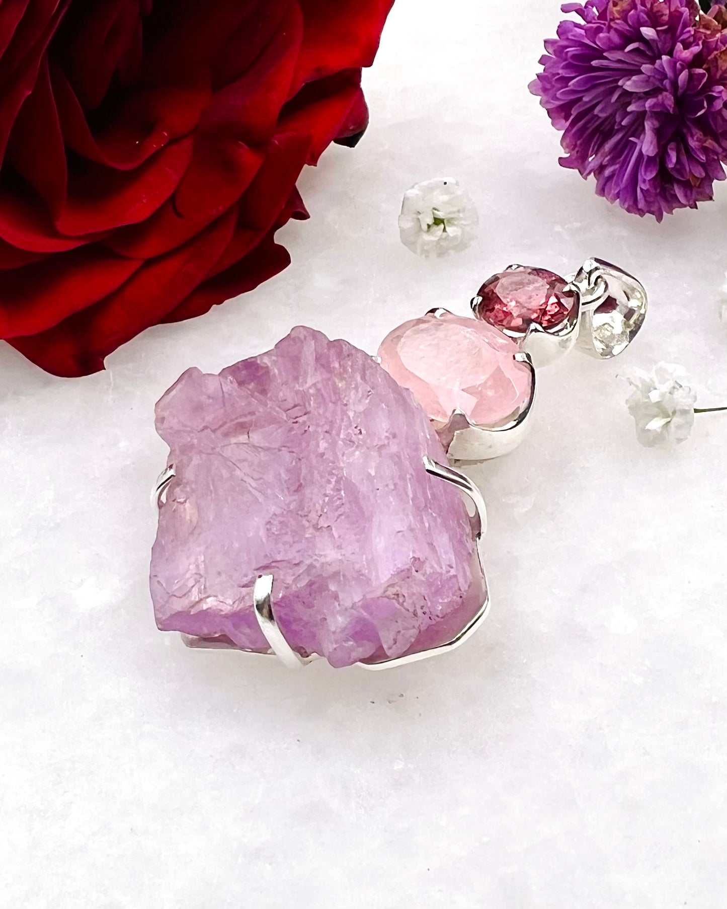 Facetted Morganite & Red Turmaline with a Natural Kunzite Crystal as a Combi Pendant