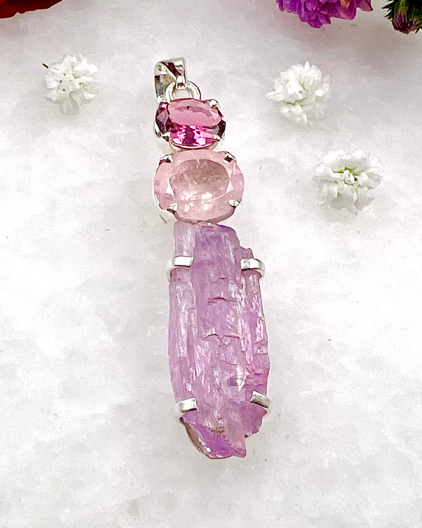 Facetted Morganite & Red Turmaline with a Natural Kunzite Crystal as a Combi Pendant