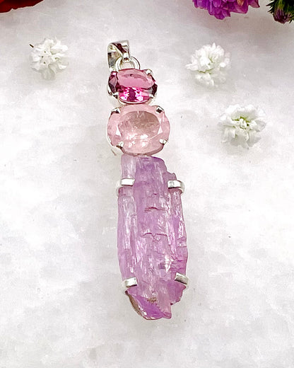 Facetted Morganite & Red Turmaline with a Natural Kunzite Crystal as a Combi Pendant