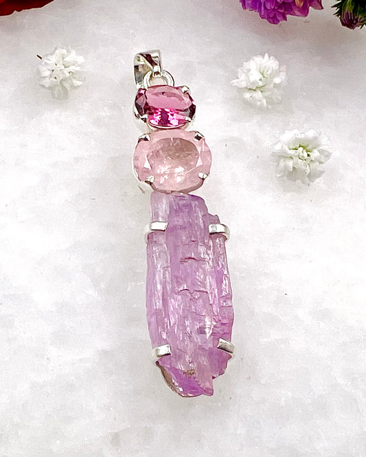 Facetted Morganite & Red Turmaline with a Natural Kunzite Crystal as a Combi Pendant