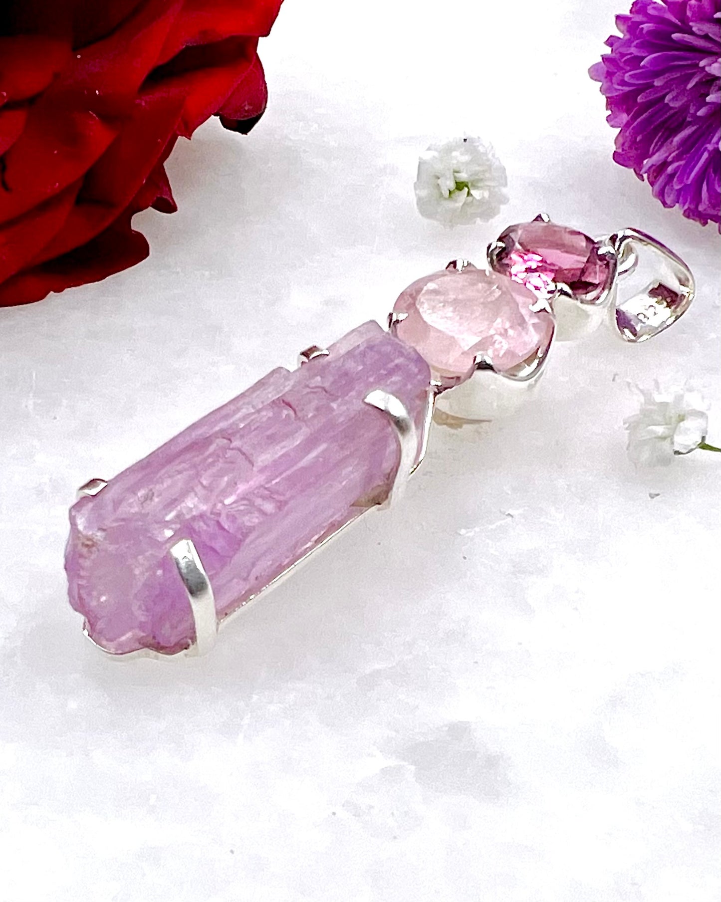 Facetted Morganite & Red Turmaline with a Natural Kunzite Crystal as a Combi Pendant