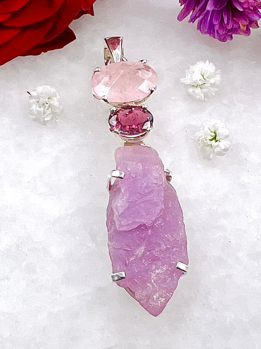 Facetted Morganite & Red Turmaline with a Natural Kunzite Crystal as a Combi Pendant