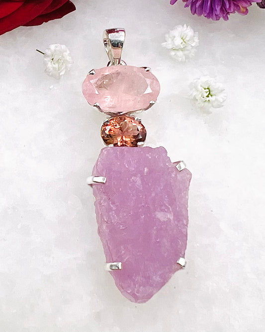 Facetted Morganite & Red Turmaline with a Natural Kunzite Crystal as a Combi Pendant