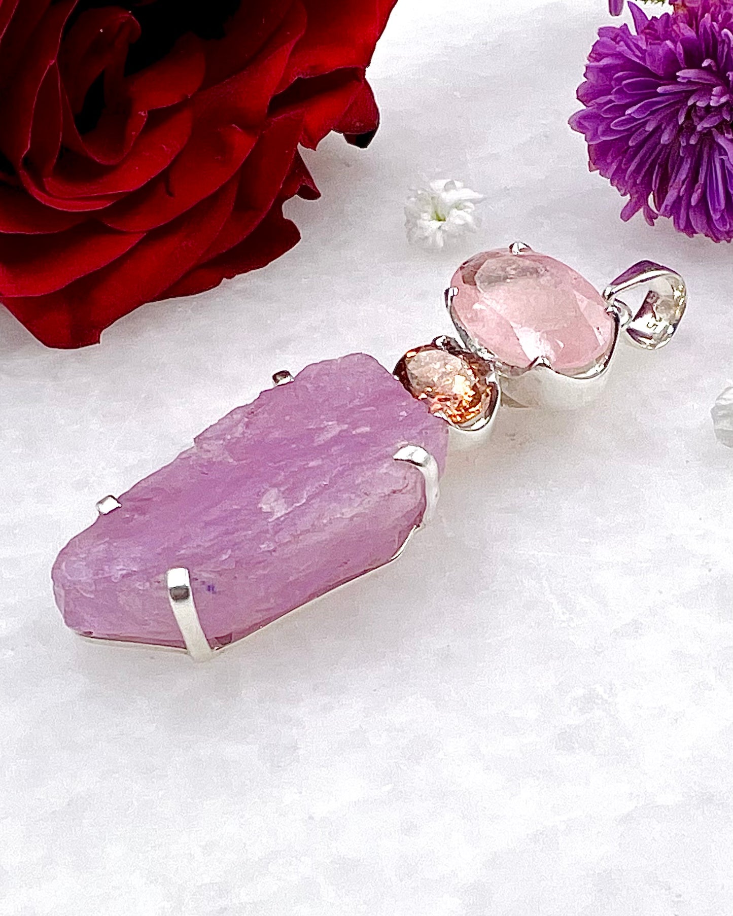 Facetted Morganite & Red Turmaline with a Natural Kunzite Crystal as a Combi Pendant