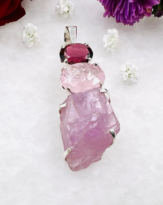 Facetted Morganite & Red Turmaline with a Natural Kunzite Crystal as a Combi Pendant