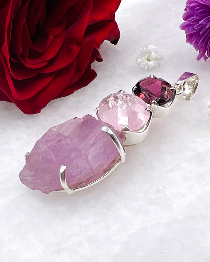 Facetted Morganite & Red Turmaline with a Natural Kunzite Crystal as a Combi Pendant
