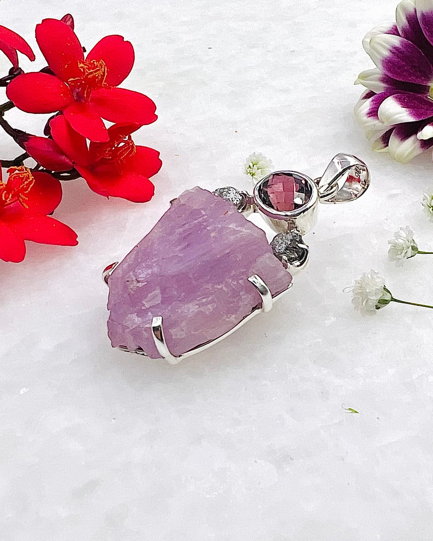 Facetted Red Turmaline with Kunzite & Raw Diamonds as a Combi Pendant