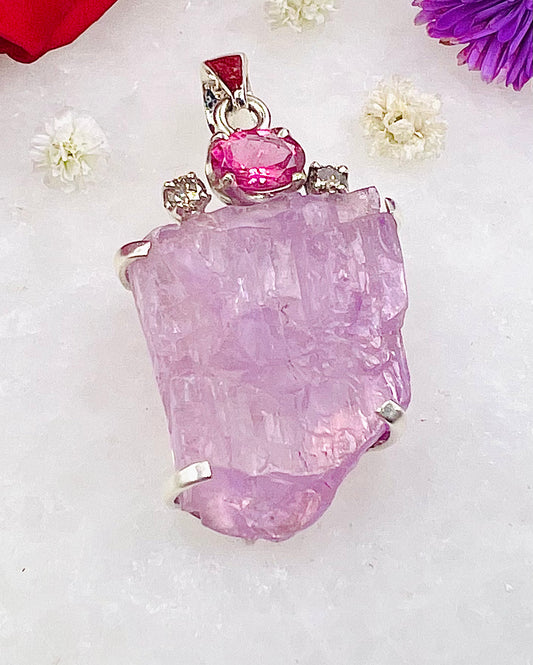 Facetted Red Turmaline with Kunzite & Diamonds as a Combi Pendant