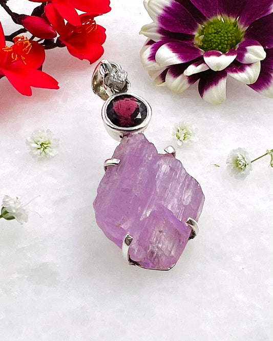 Facetted Red Turmaline, Raw Diamond and Kunzite Crystal as a Combi Pendant