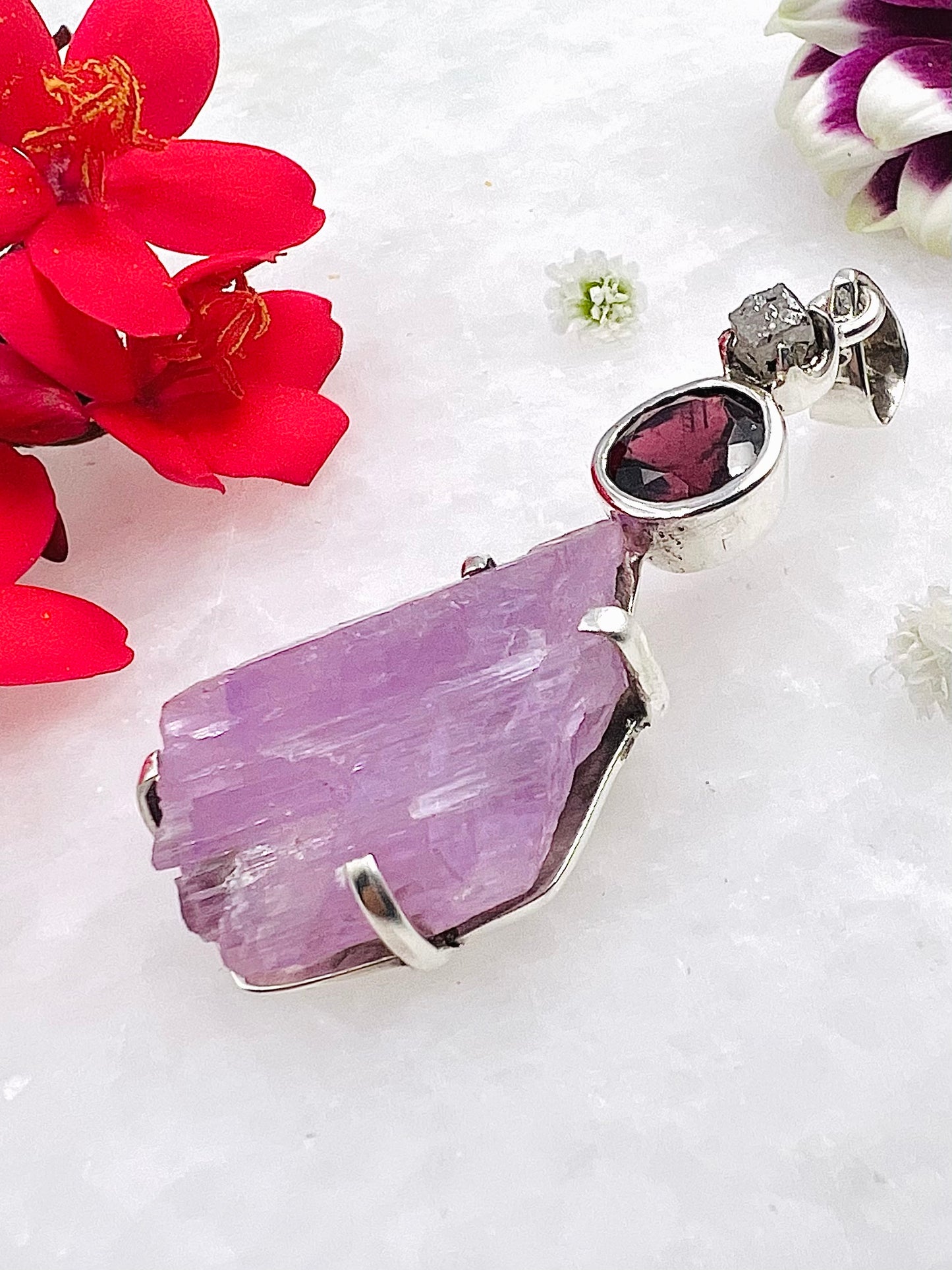 Facetted Red Turmaline, Raw Diamond and Kunzite Crystal as a Combi Pendant