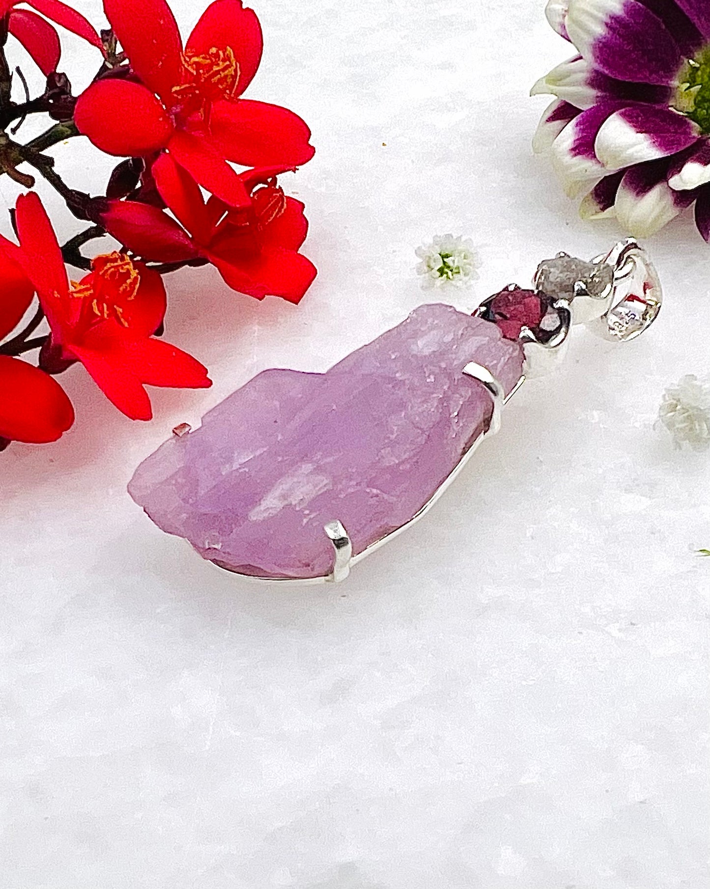 Facetted Red Turmaline, Raw Diamond and Kunzite Crystal as a Combi Pendant