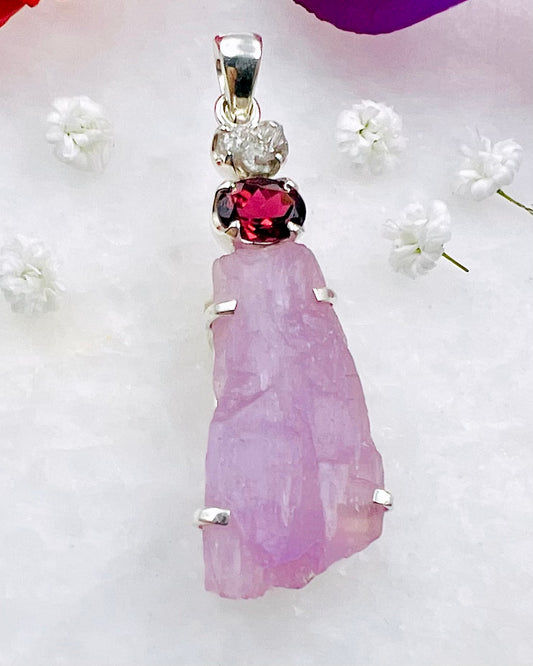 Facetted Red Turmaline, Raw Diamond and Kunzite Crystal as a Combi Pendant