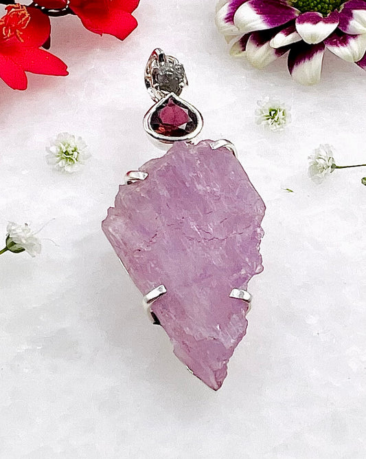 Facetted Red Turmaline, Raw Diamond and Kunzite Crystal as a Combi Pendant