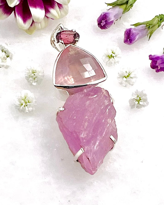 Facetted Rose Quartz & Red Turmaline with Kunzite Crystal as a Combi Pendant