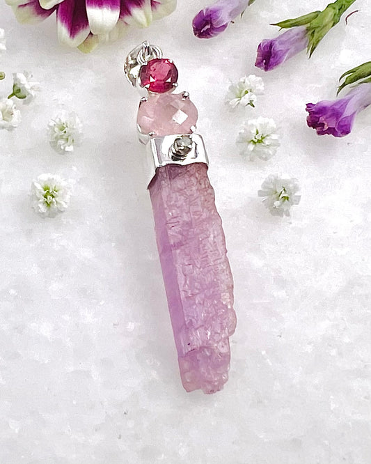 Facetted Morganite, Red Turmaline, Diamond and Kunzite Crystal as a Combi Pendant
