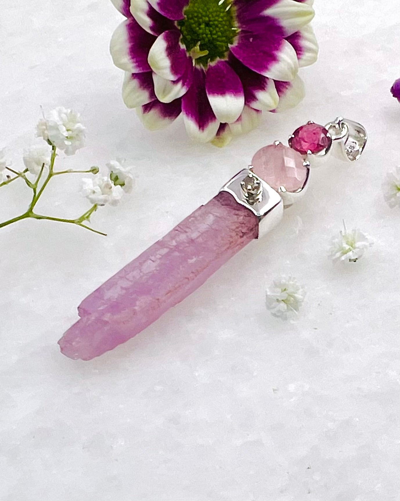 Facetted Morganite, Red Turmaline, Diamond and Kunzite Crystal as a Combi Pendant