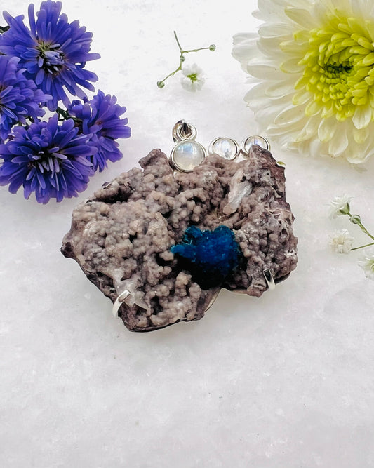 Natural Cavansite on Matrix with Rainbow Moonstone Accents as a Combi Pendant