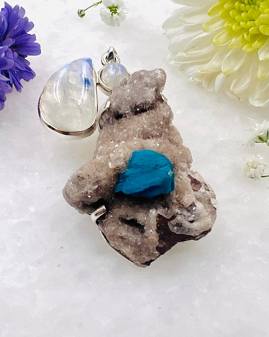Natural Cavansite on Matrix with Rainbow Moonstone Accents as a Combi Pendant
