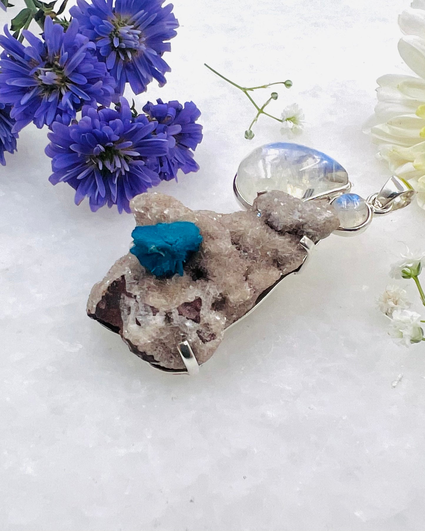 Natural Cavansite on Matrix with Rainbow Moonstone Accents as a Combi Pendant