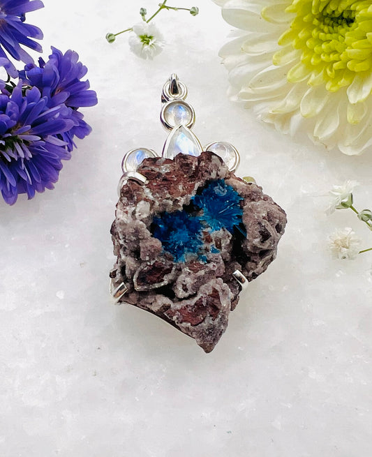 Natural Cavansite on Matrix with Rainbow Moonstone Accents as a Combi Pendant