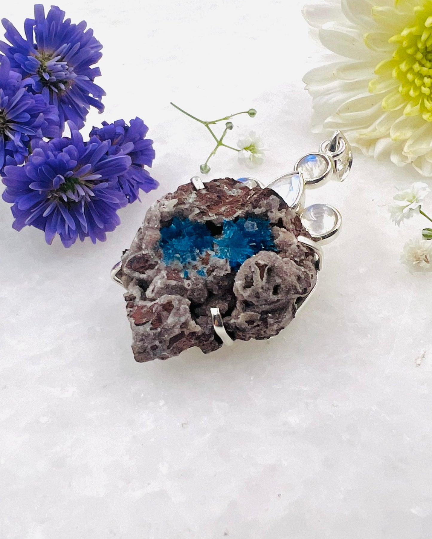 Natural Cavansite on Matrix with Rainbow Moonstone Accents as a Combi Pendant