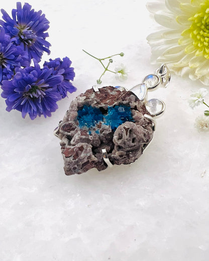 Natural Cavansite on Matrix with Rainbow Moonstone Accents as a Combi Pendant