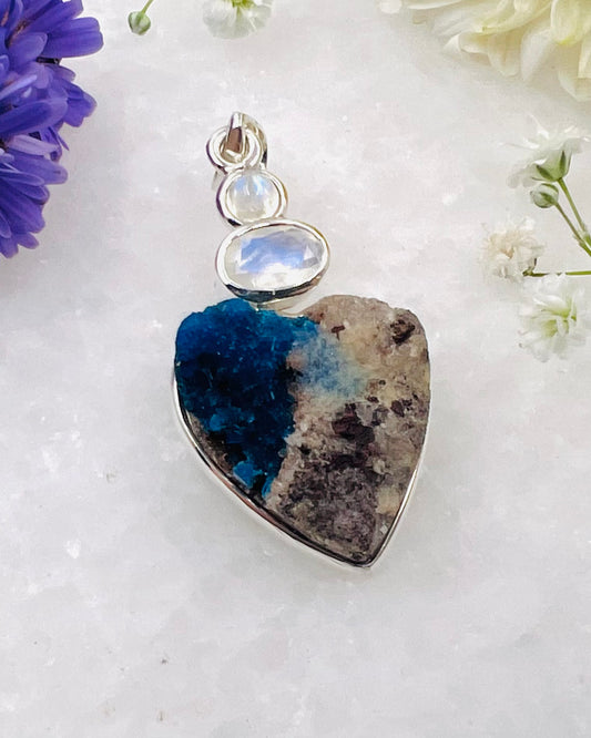Natural Cavansite on Matrix with Rainbow moonstone Accents as a Combi Pendant
