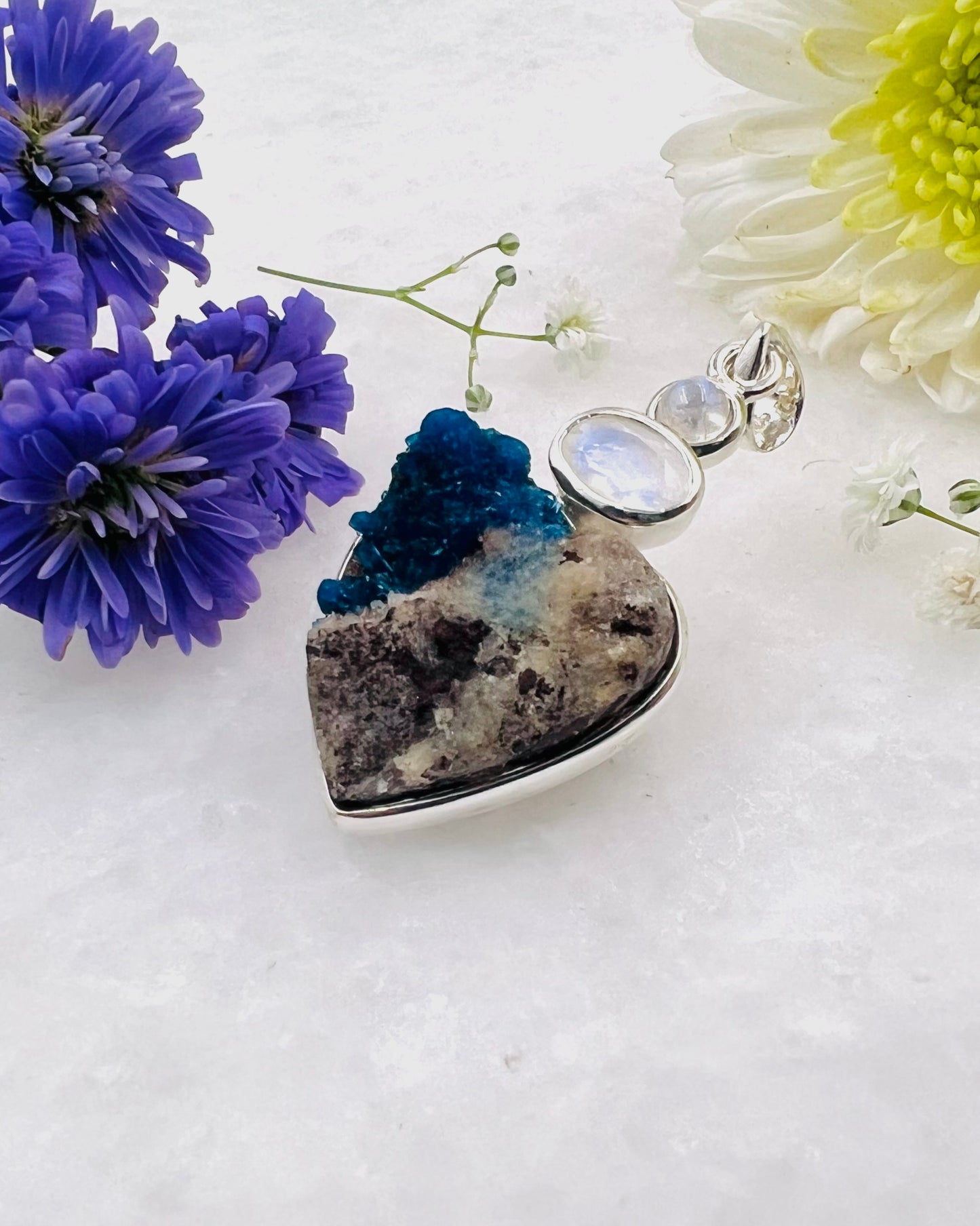 Natural Cavansite on Matrix with Rainbow moonstone Accents as a Combi Pendant