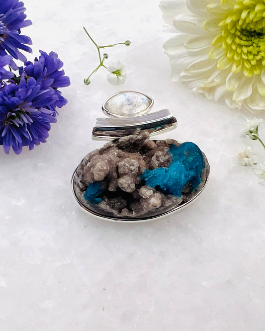 Natural Cavansite on Matrix with Rainbow Moonstone Accent as a Combi Pendant