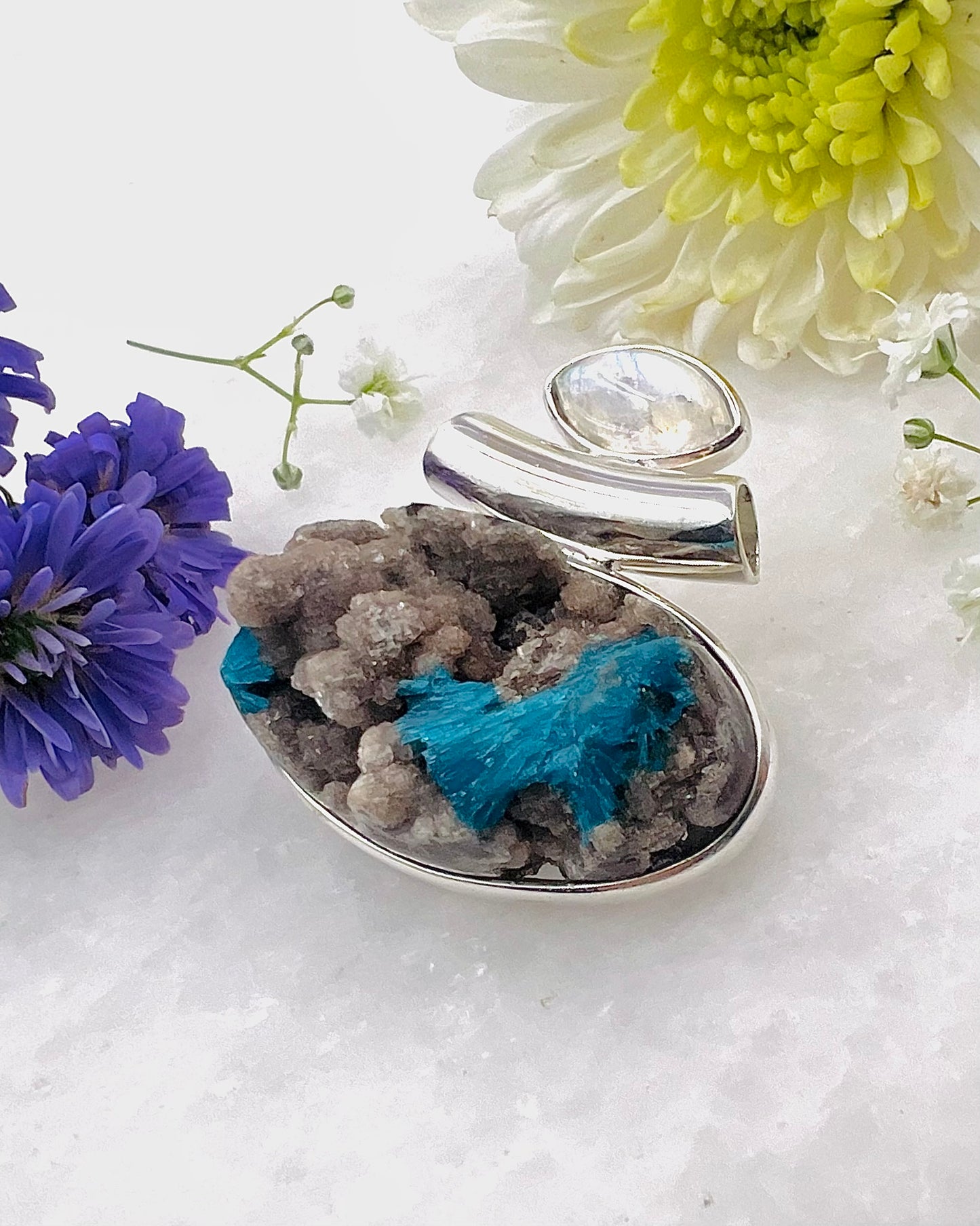 Natural Cavansite on Matrix with Rainbow Moonstone Accent as a Combi Pendant