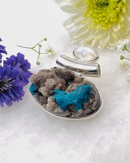 Natural Cavansite on Matrix with Rainbow Moonstone Accent as a Combi Pendant