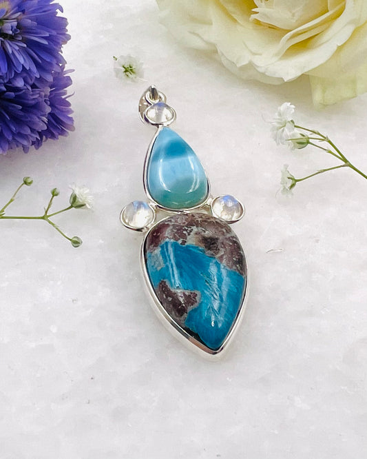 Larimar & Cavansite on Matrix Cab with Rainbow Accents as a Combi Pendant