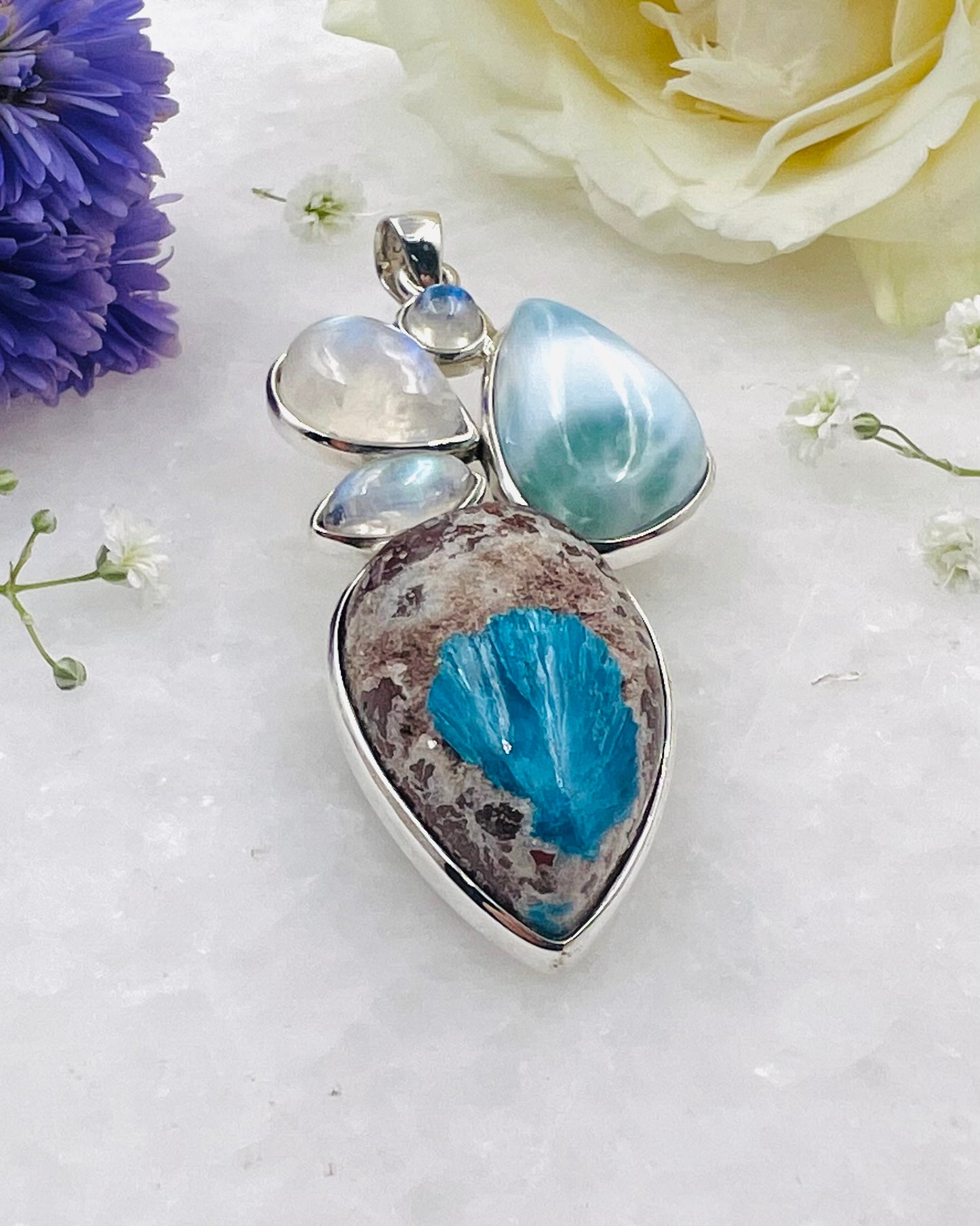 Larimar & Cavansite on Matrix Cab with Rainbow Accents as a Combi Pendant